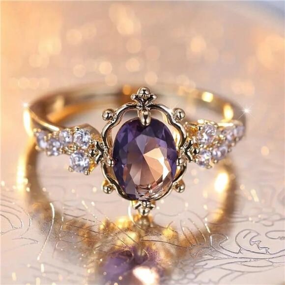 Exclusive Lavish Purple Amethyst Diamond Gold Ring - Picture 1 of 4